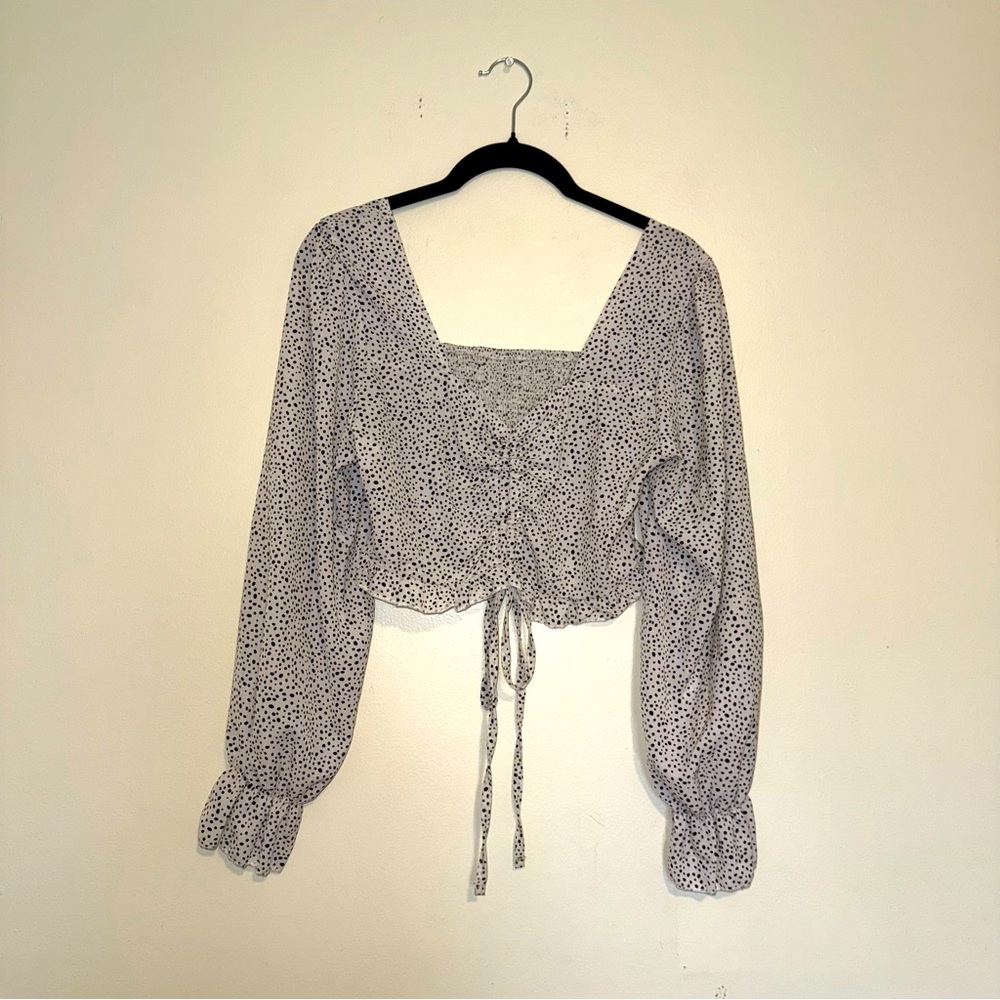 White Spotted Long Sleeve Smocked Crop Blouse - Picture 1 of 4